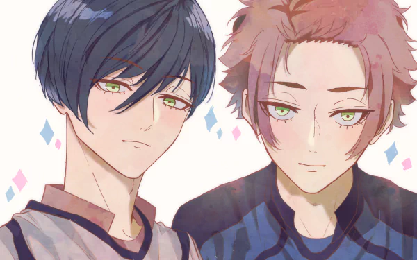 4K Ultra HD anime wallpaper featuring two characters from Blue Lock with expressive eyes and detailed hairstyles against a soft, pastel background.