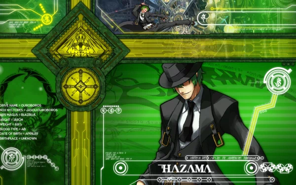 HD PC desktop wallpaper of Hazama (BlazBlue: Continuum Shift) — dark-suited, fedora-wearing antagonist set against a glowing green, circuit-like cross and UI elements.