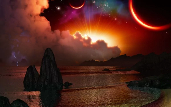 A vibrant digital artwork featuring a striking sunset over a calm sea, complete with celestial elements like moons and colorful rays, creating a captivating HD desktop wallpaper.