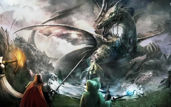 HD PC desktop wallpaper from the video game Trine 2, depicting three heroes confronting a large, fierce dragon amidst a dark, stormy landscape.