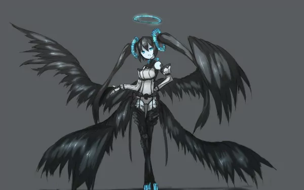 Dark angel Zatsune Miku (Vocaloid) with black feathered wings, teal halo and accents, posed against a gray field — anime 2K Quad HD PC desktop wallpaper background.