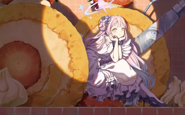 4K Ultra HD PC desktop wallpaper featuring Misono Mika from the video game Blue Archive, showcasing her in a detailed, pastel-themed scene with large desserts.