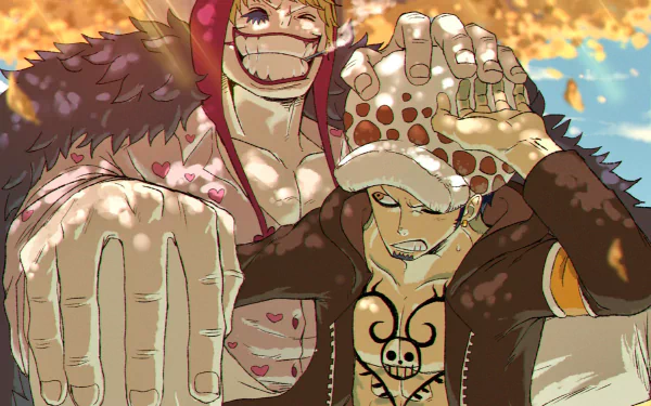 Trafalgar Law and Donquixote Rosinante (Corazon) from One Piece in vibrant anime style set as a lively HD desktop wallpaper.