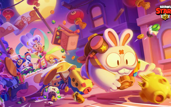 Vibrant HD PC desktop wallpaper from the video game Brawl Stars featuring dynamic characters in a colorful, action-packed nighttime city scene.