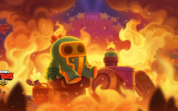 A high-definition desktop wallpaper of the video game Brawl Stars, featuring characters in a vibrant, fiery background.