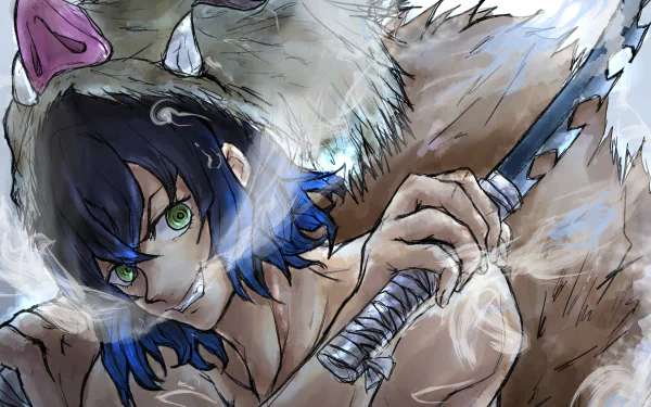 HD anime desktop wallpaper featuring Inosuke Hashibira from Demon Slayer: Kimetsu no Yaiba, gripping dual swords with intense green eyes and his signature boar mask.