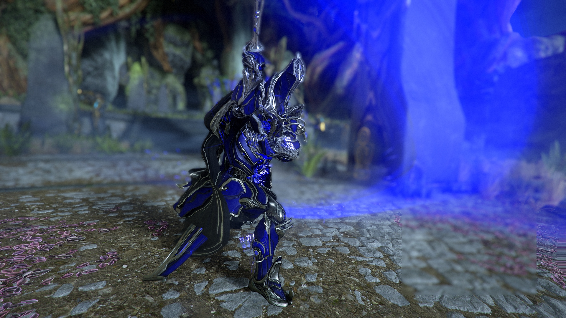 A digital HD wallpaper featuring the Warframe video game character wielding the Nikana weapon, creating a striking and vibrant desktop background.