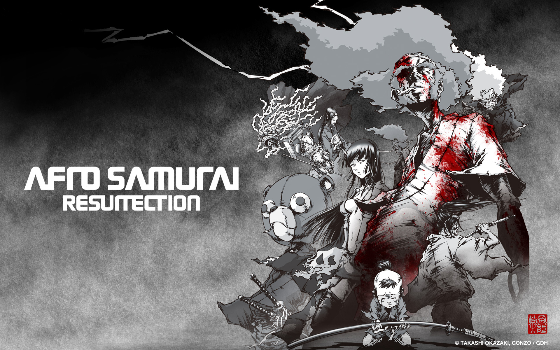 Anime characters Afro Samurai, Kuma, and Okiku stand together on a vibrant background.
