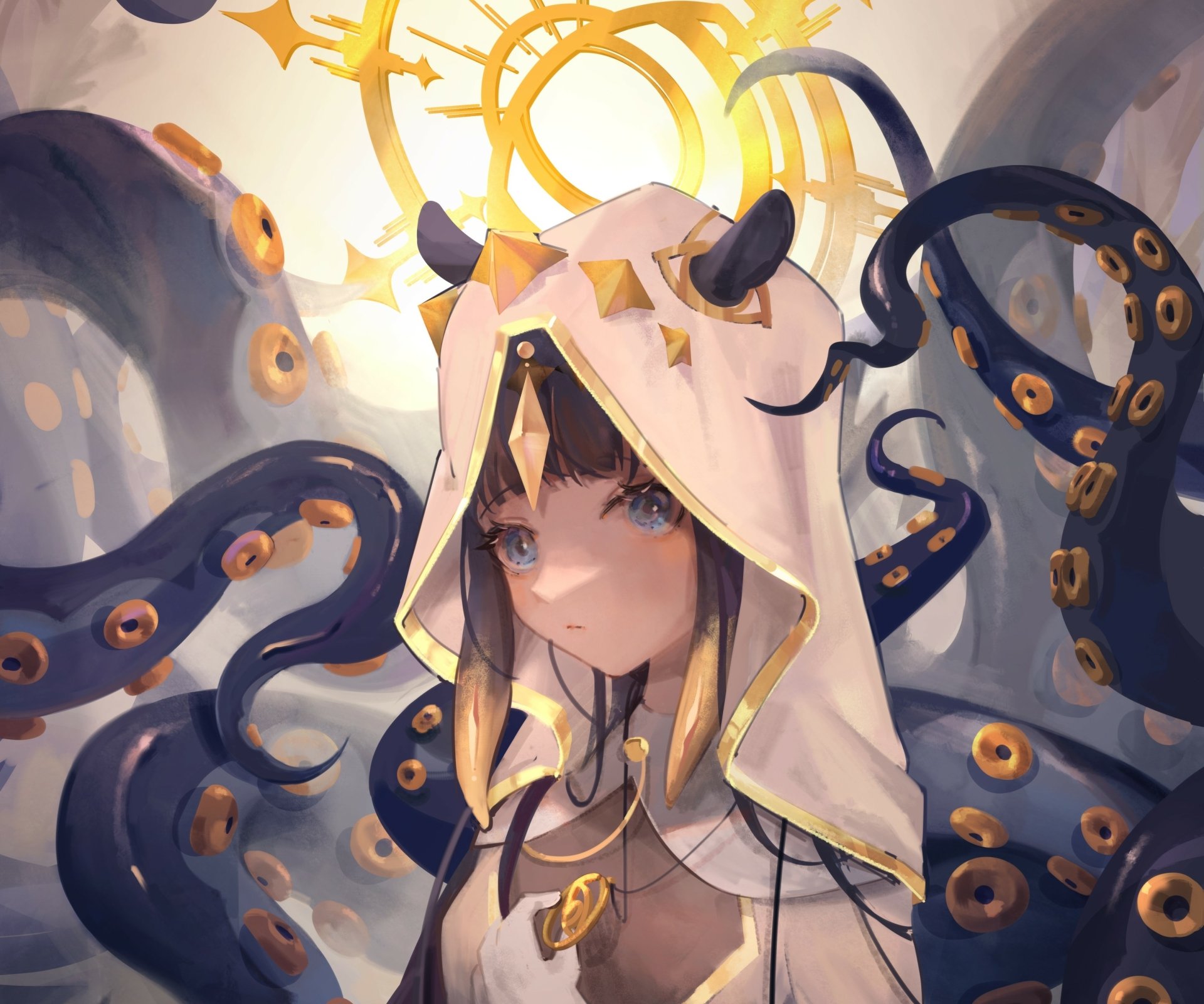 2K Quad HD anime desktop wallpaper of hololive Virtual YouTuber Ninomae Ina'nis in a hooded cloak, surrounded by dark tentacles and bathed in soft golden light.