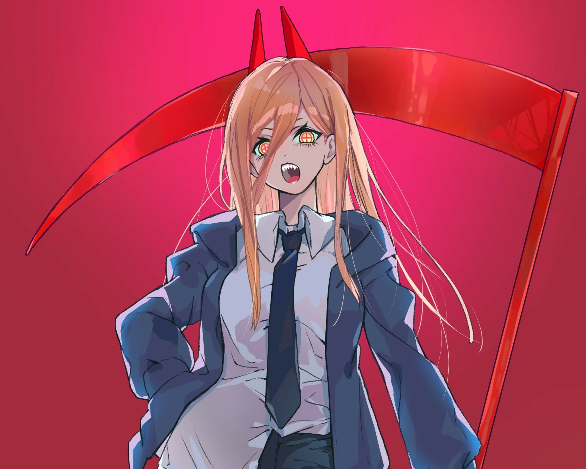 HD PC desktop wallpaper of Power (Chainsaw Man): anime-style portrait with long pink hair, fanged grin, school uniform and a red scythe against a vivid crimson background.