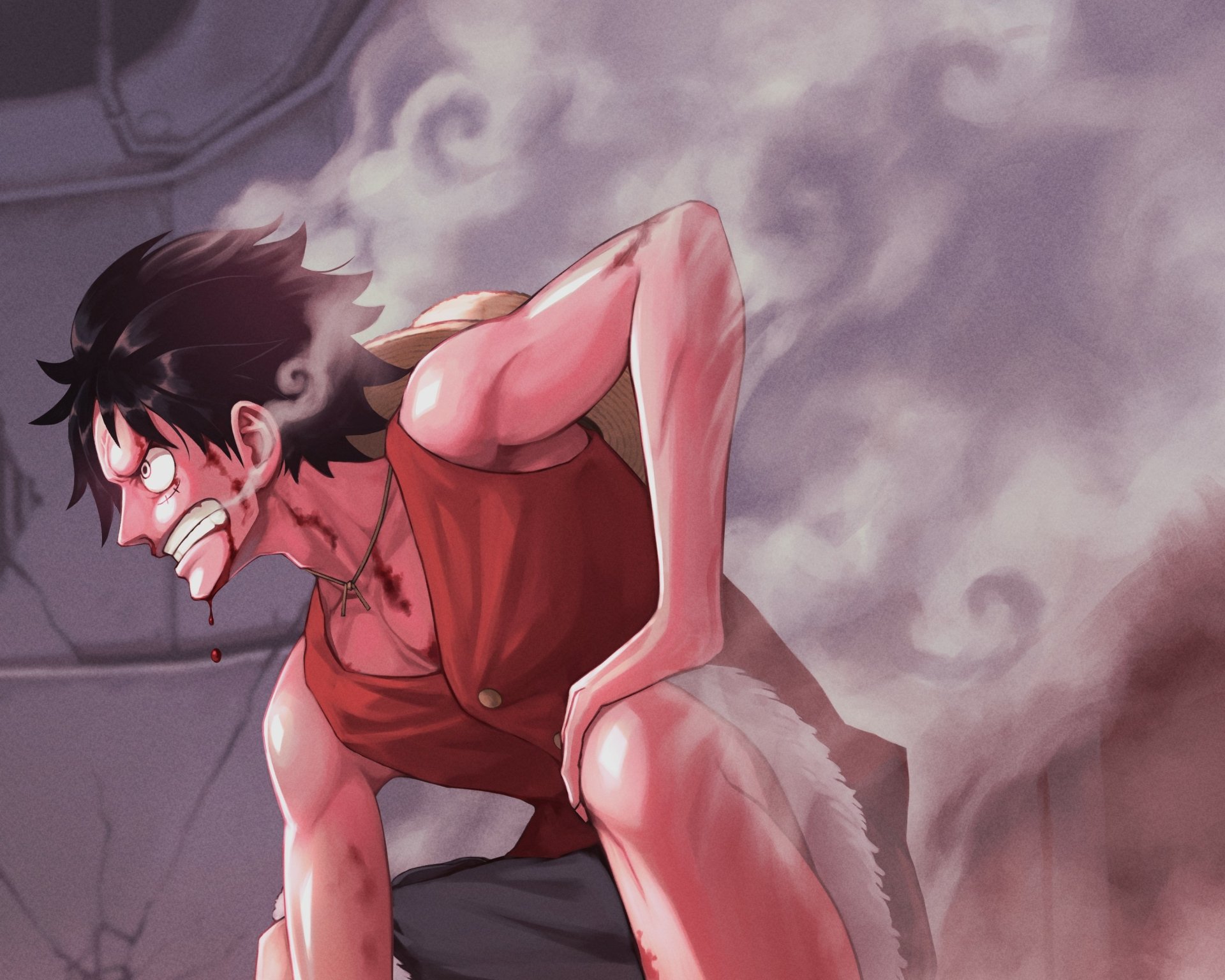 HD anime wallpaper featuring Monkey D. Luffy from One Piece, depicted in a dynamic pose with intense expression and smoky background.