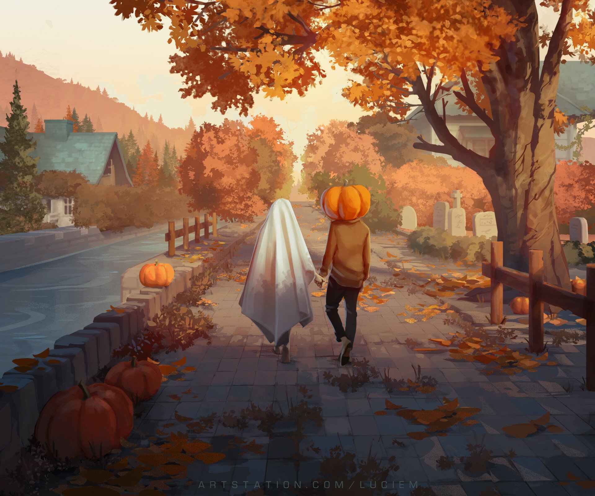HD PC desktop wallpaper showing two children in Halloween costumes walking down a leafy autumn path lined with pumpkins, evoking holiday and Halloween spirit.