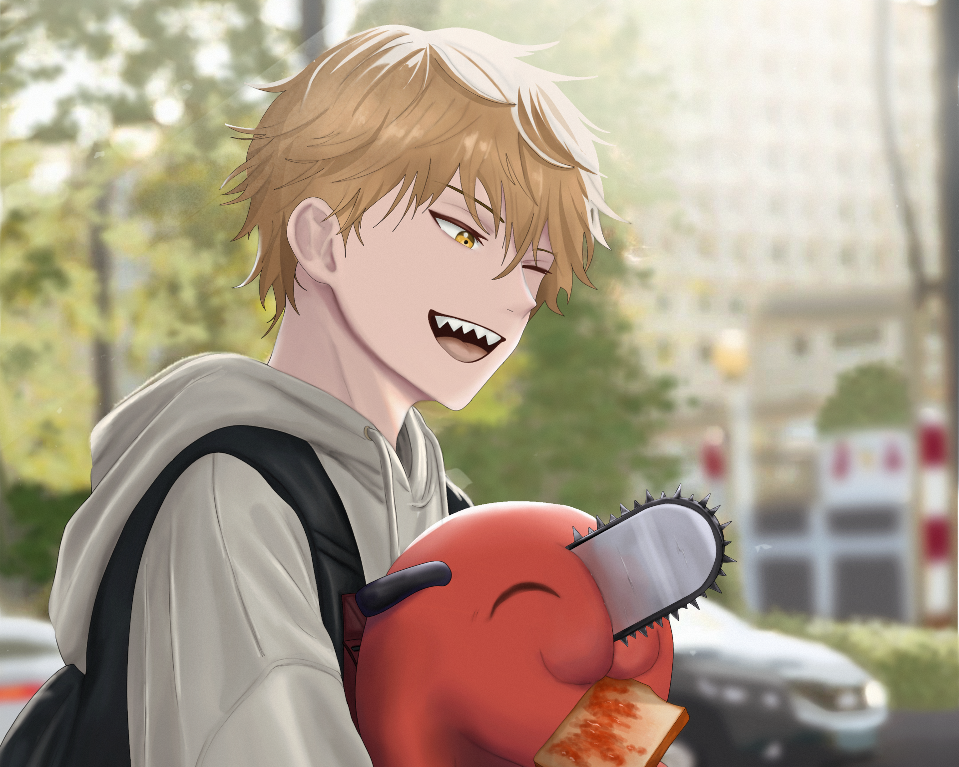 HD PC desktop wallpaper featuring Denji from Chainsaw Man holding Pochita, set in a soft outdoor anime scene.