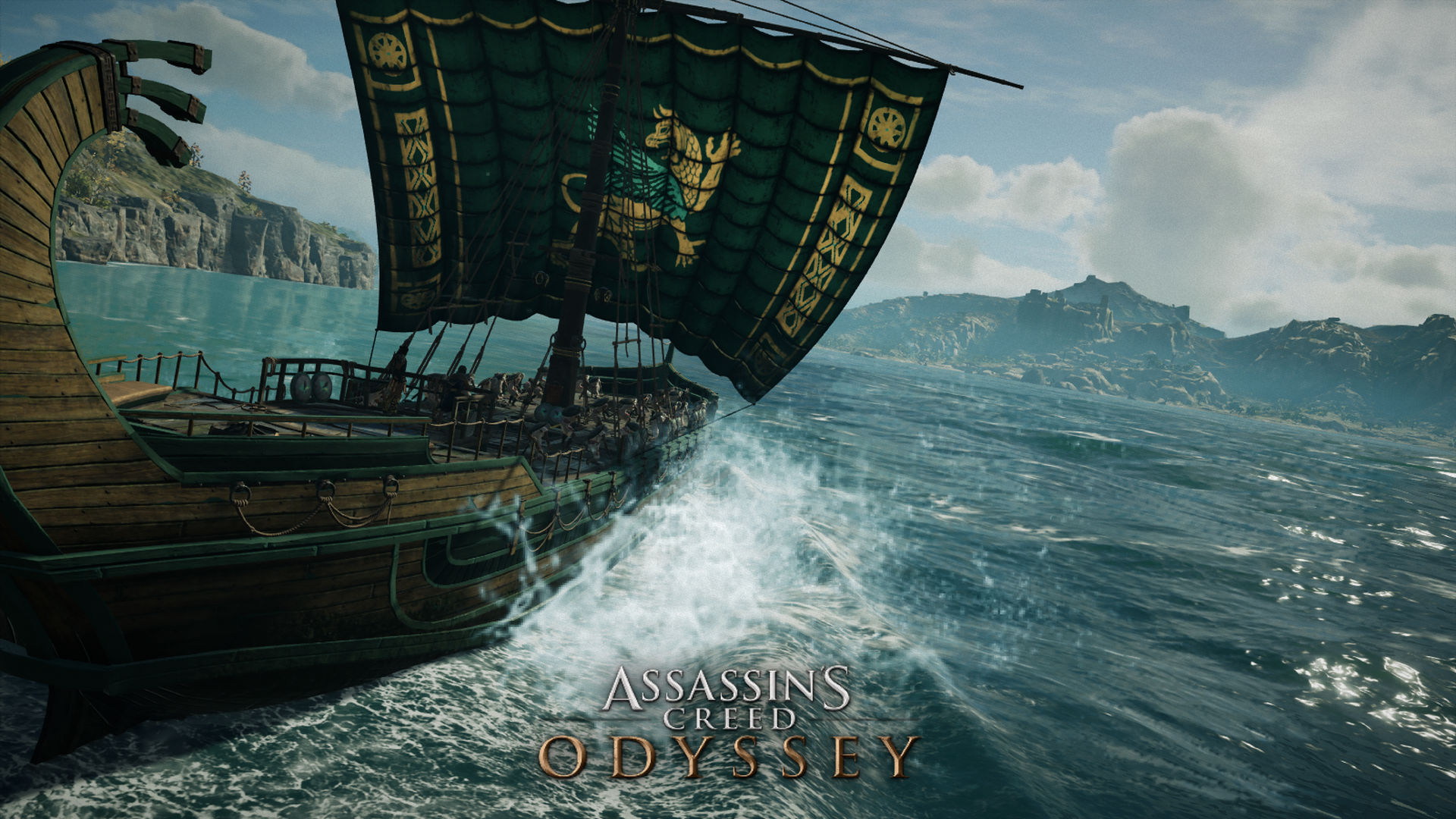 Assassin's Creed Odyssey HD PC desktop wallpaper and background: Greek warship cutting through choppy Mediterranean waters under a cloudy sky, game logo visible at the bottom.