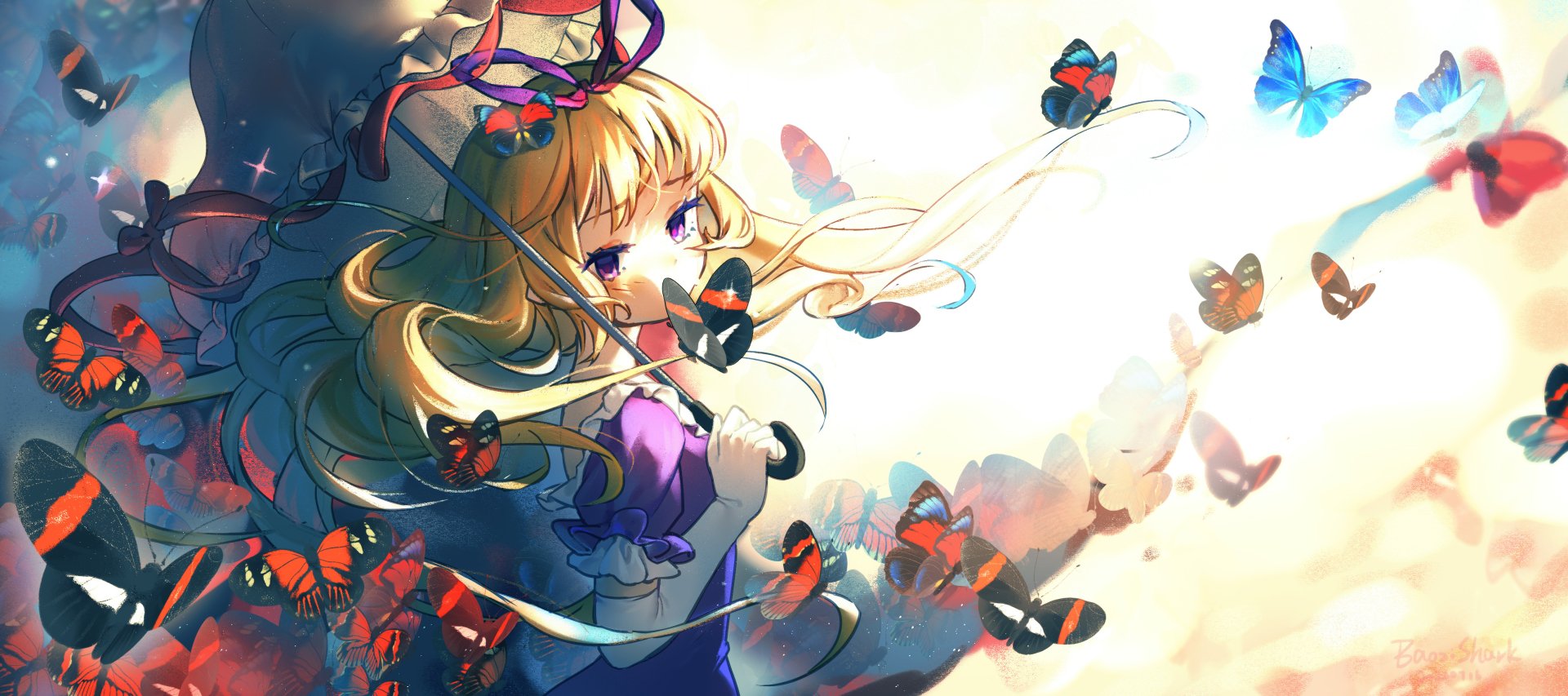 Yukari Yakumo from Touhou surrounded by colorful butterflies against a dreamy pastel sky — 2K Quad HD anime PC desktop wallpaper/background