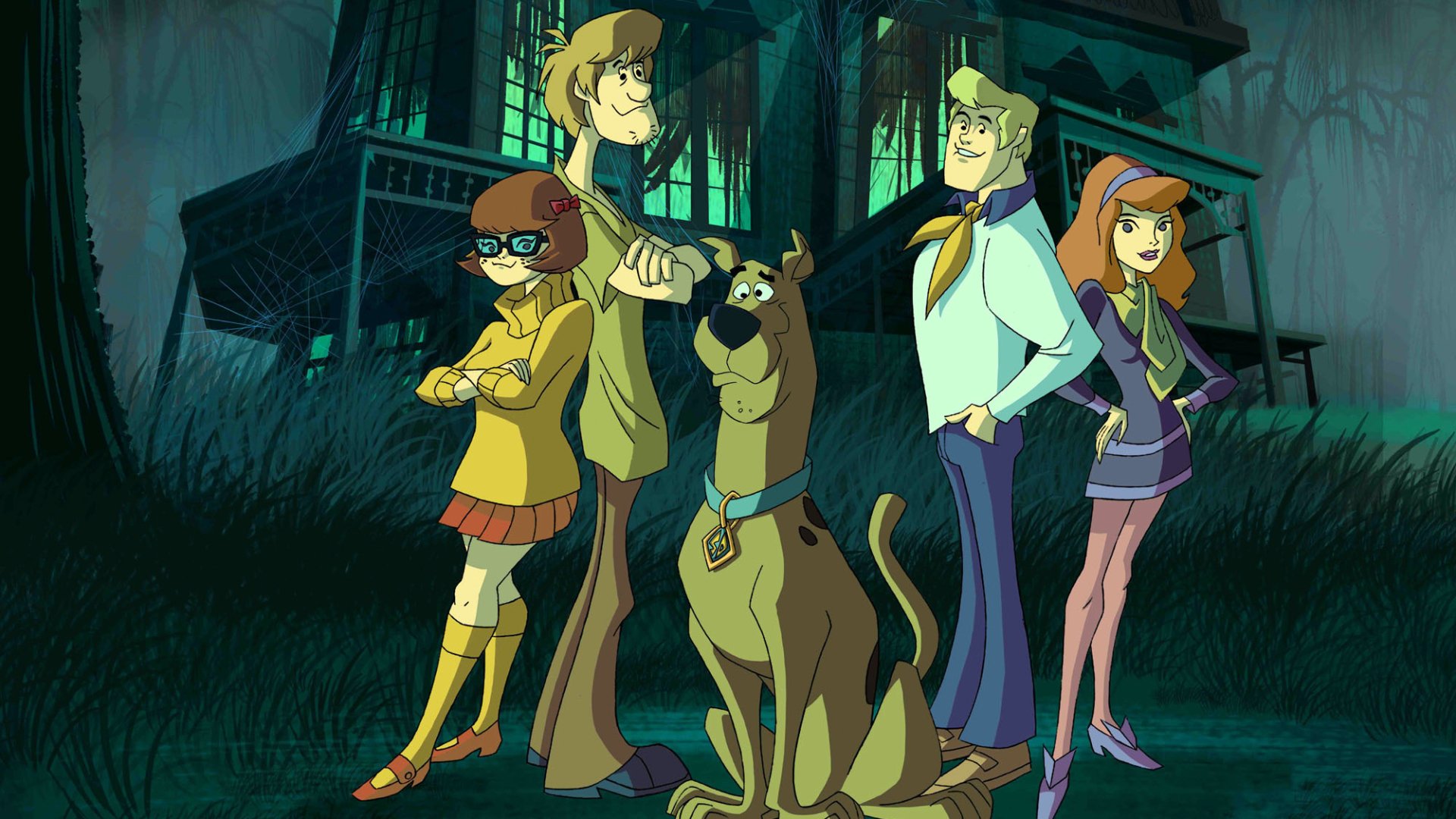 TV show HD PC desktop wallpaper: Scooby-Doo! Mystery Incorporated — Scooby, Shaggy, Fred, Daphne and Velma stand together before a dark, overgrown haunted mansion.