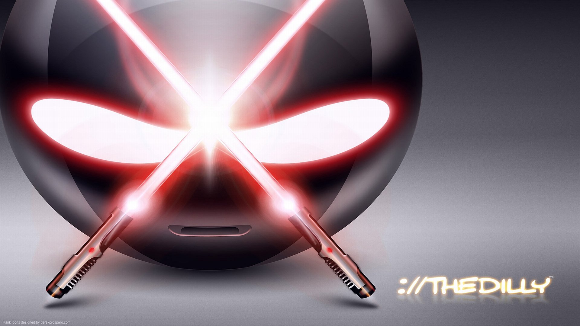 HD PC desktop wallpaper: funny dark smiley with glowing red eye slits created by two crossed lightsabers and a bright flare at the center.