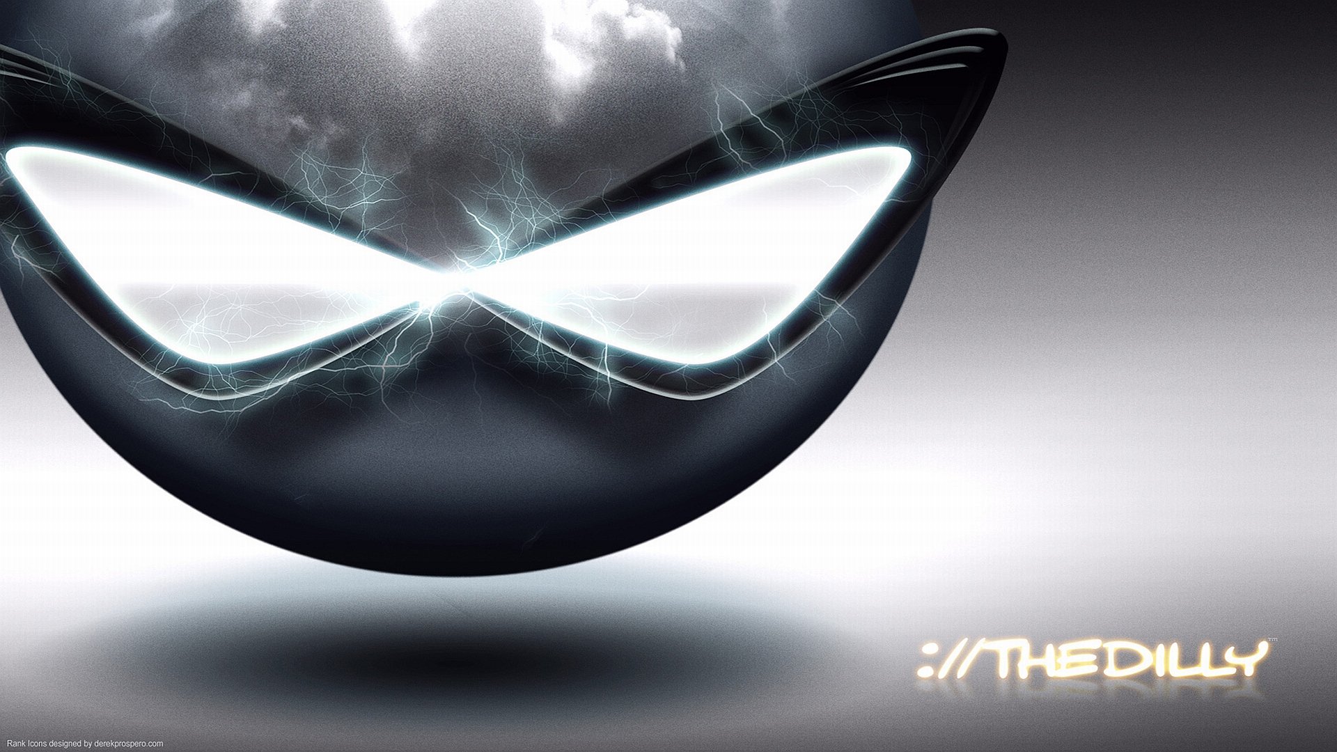 HD PC desktop wallpaper of a glossy dark smiley with glowing slanted eyes and faint electric sparks — a funny, edgy smiley background.