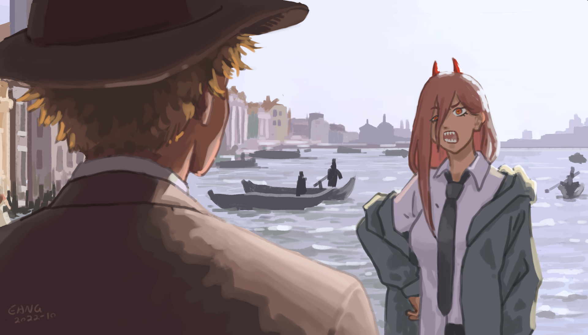 Power (Chainsaw Man) in anime 2K Quad HD PC desktop wallpaper: horned, tie-clad Power stands by a canal as a hat-wearing figure watches from the foreground.