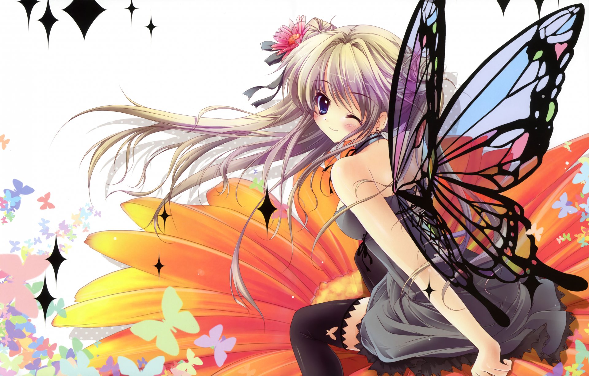 Anime original 4K Ultra HD PC desktop wallpaper and background: girl with translucent butterfly wings perched on a giant orange flower, long flowing hair, pastel floral sparkles on white.