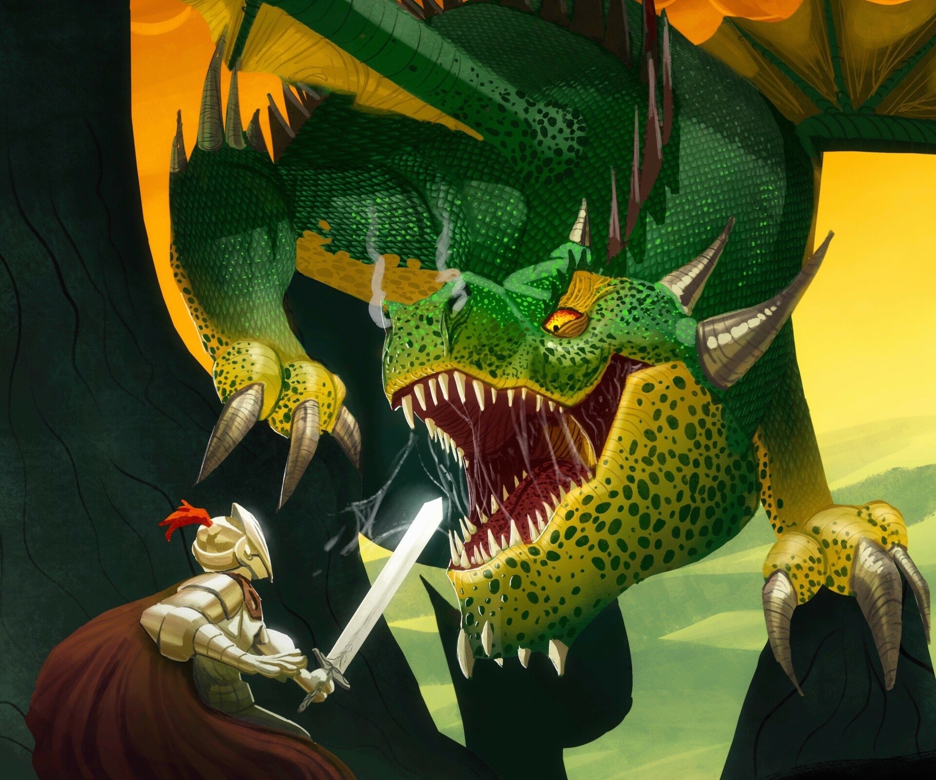 HD fantasy PC desktop wallpaper featuring a knight in armor facing a fierce green dragon with sharp teeth and horns against a glowing yellow sky.