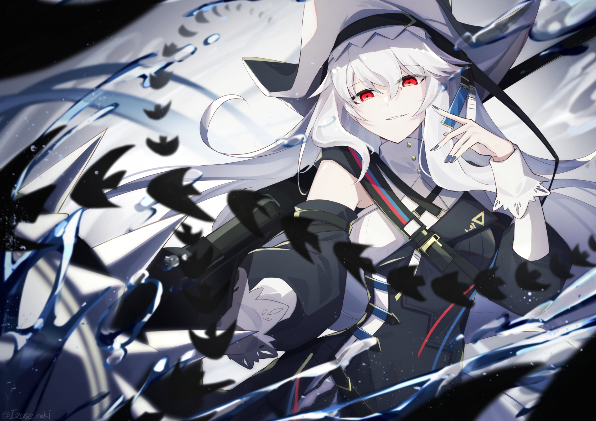 Specter (Arknights) in a 4K Ultra HD PC desktop wallpaper: white-haired, red-eyed operator surrounded by swirling black ribbons and shards, striking a poised battle stance — Arknights video game art.