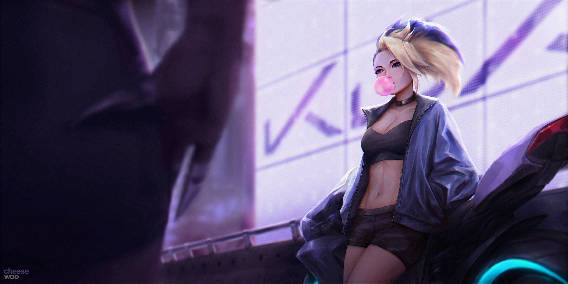 HD desktop wallpaper featuring Akali from K/DA, a popular character in the video game League of Legends, striking a confident pose with vibrant lighting.