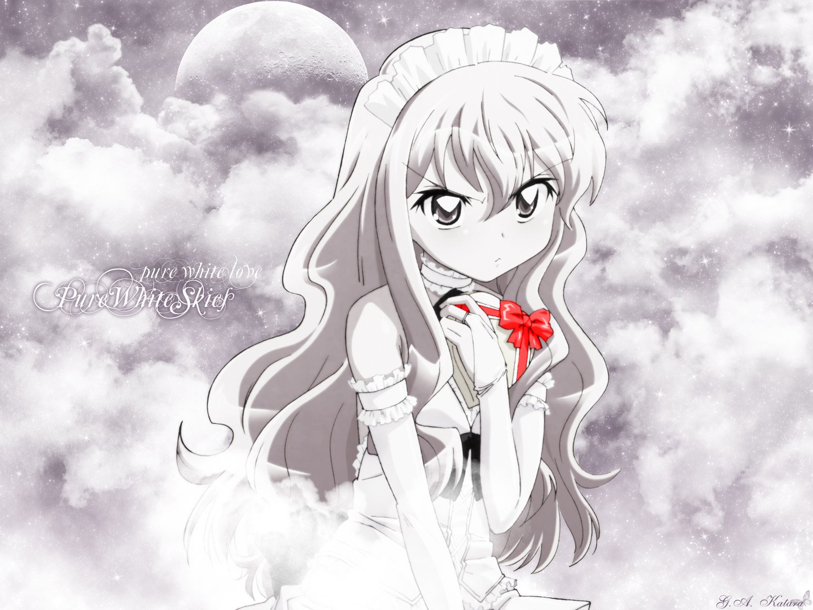 HD PC desktop wallpaper featuring an anime character from The Familiar of Zero with a grayscale sky background and a striking red bow detail.