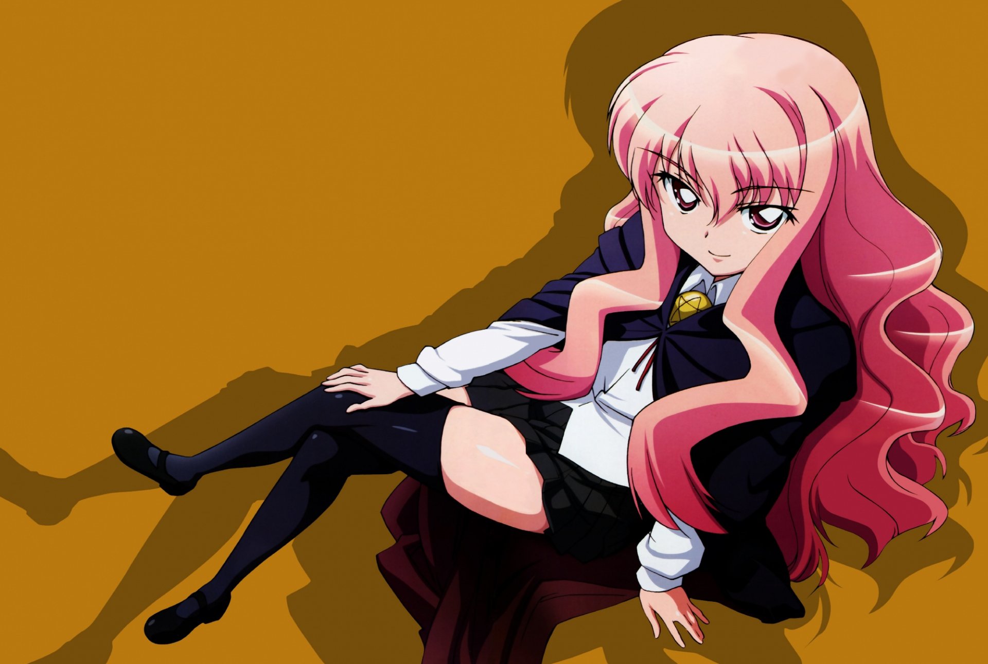 Anime HD PC desktop wallpaper: Louise from The Familiar of Zero reclining with long pink hair and a school uniform against a warm golden background.