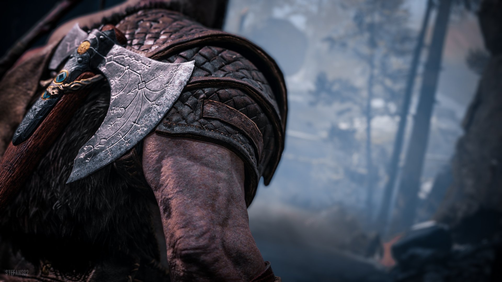 Close-up 4K Ultra HD PC wallpaper of Kratos wielding his axe from the video game God of War (2018), set against a misty forest background.