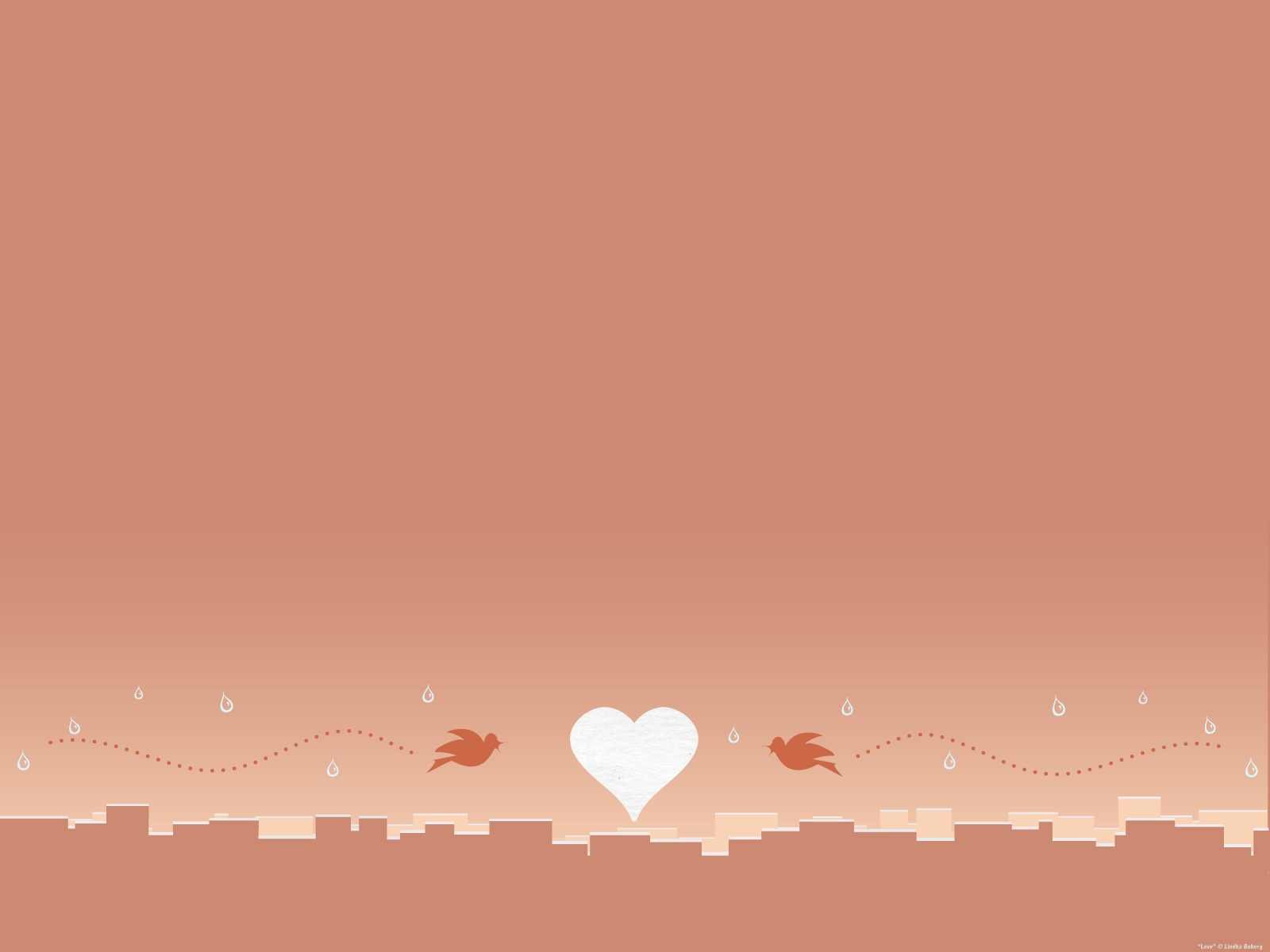 Artistic HD PC desktop wallpaper featuring a minimalist cityscape silhouette with a glowing white heart and two birds against a warm peach gradient sky.