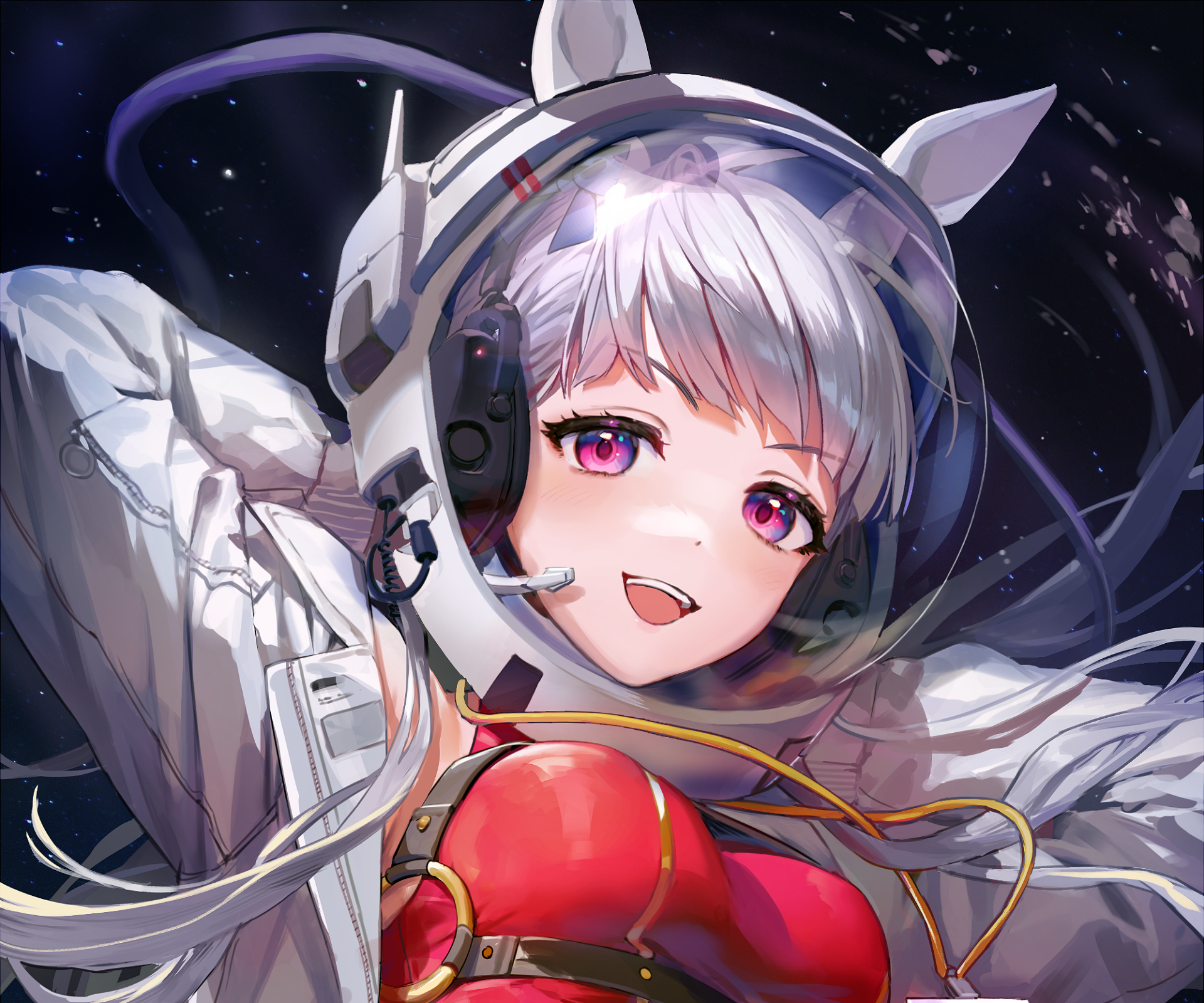 HD PC wallpaper of Gold Ship (Uma Musume: Pretty Derby): anime portrait of her smiling with white hair, headset and red racing gear against a starry space backdrop.