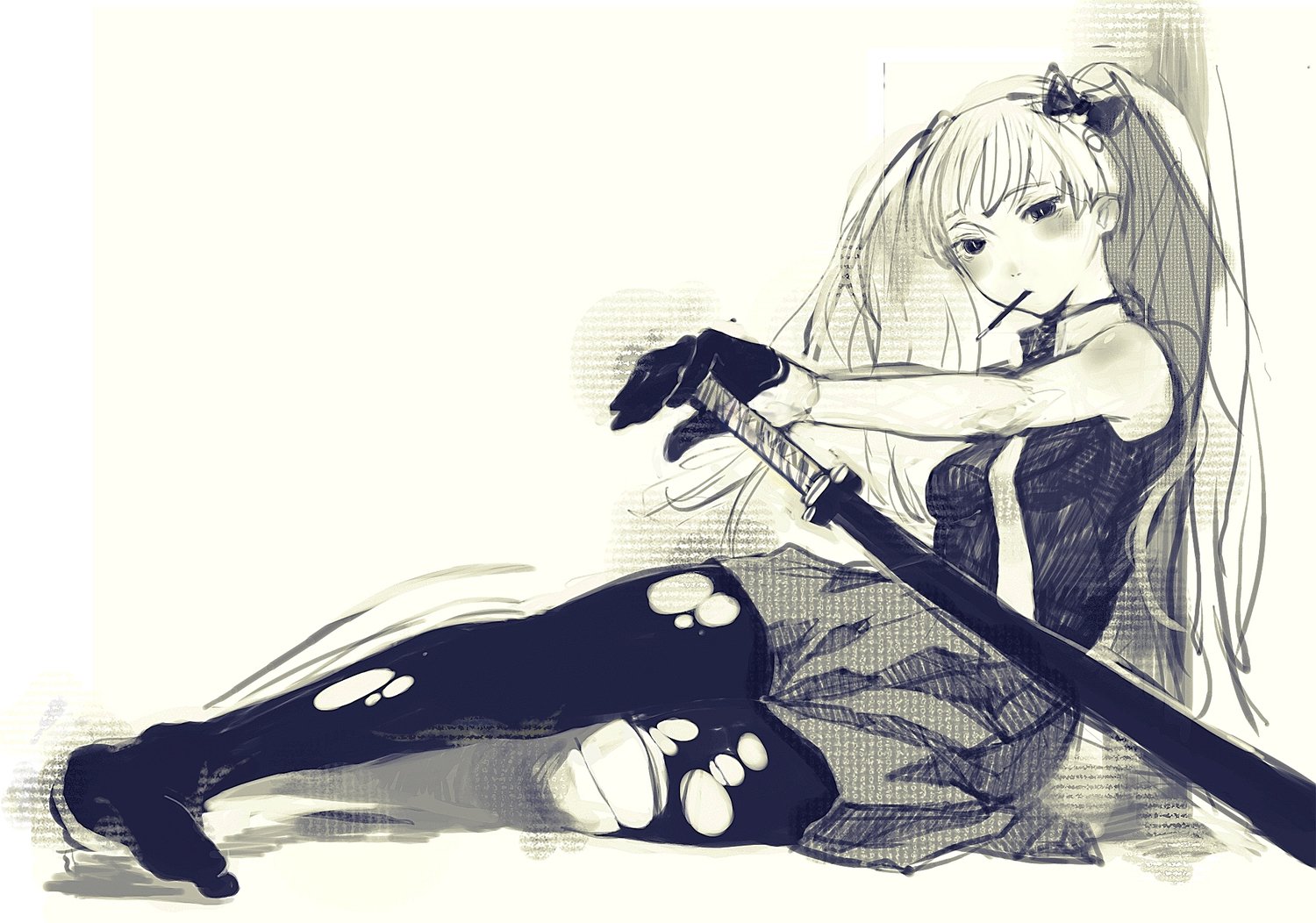 Monochrome sketch of a long-haired female soldier from the video game Valkyria Chronicles, reclining with a rifle — HD PC desktop wallpaper and background.