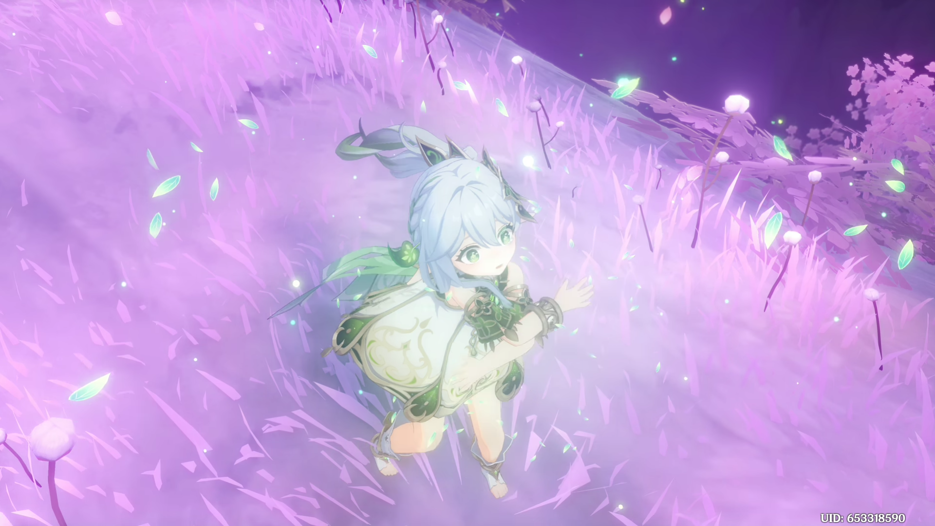 HD PC desktop wallpaper of Nahida from the video game Genshin Impact: the small Dendro Archon stands amid glowing purple grass and drifting petals, bathed in soft, magical light.