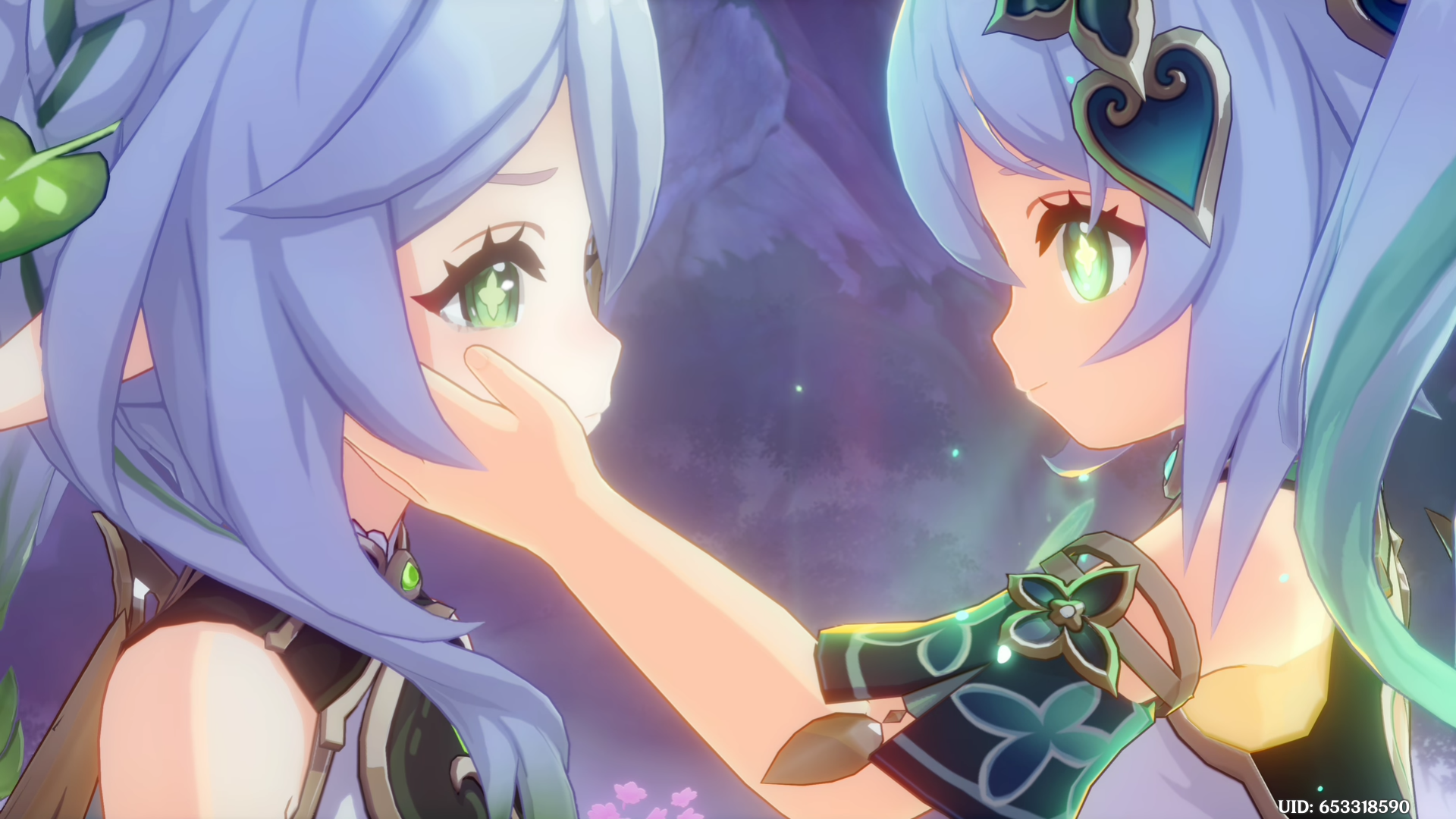 HD PC desktop wallpaper featuring Nahida from the video game Genshin Impact, showing a close-up moment between two characters with vibrant colors and detailed design.