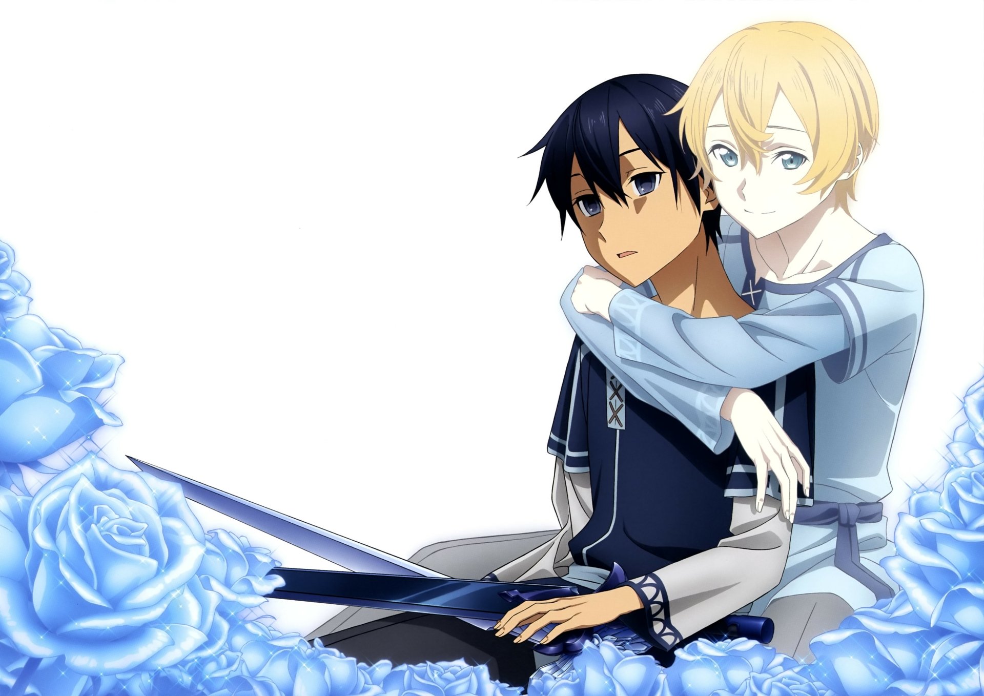 Eugeo and Kirito from Sword Art Online in a detailed anime-style 4K Ultra HD wallpaper, featuring soft blue roses and a clean white background.