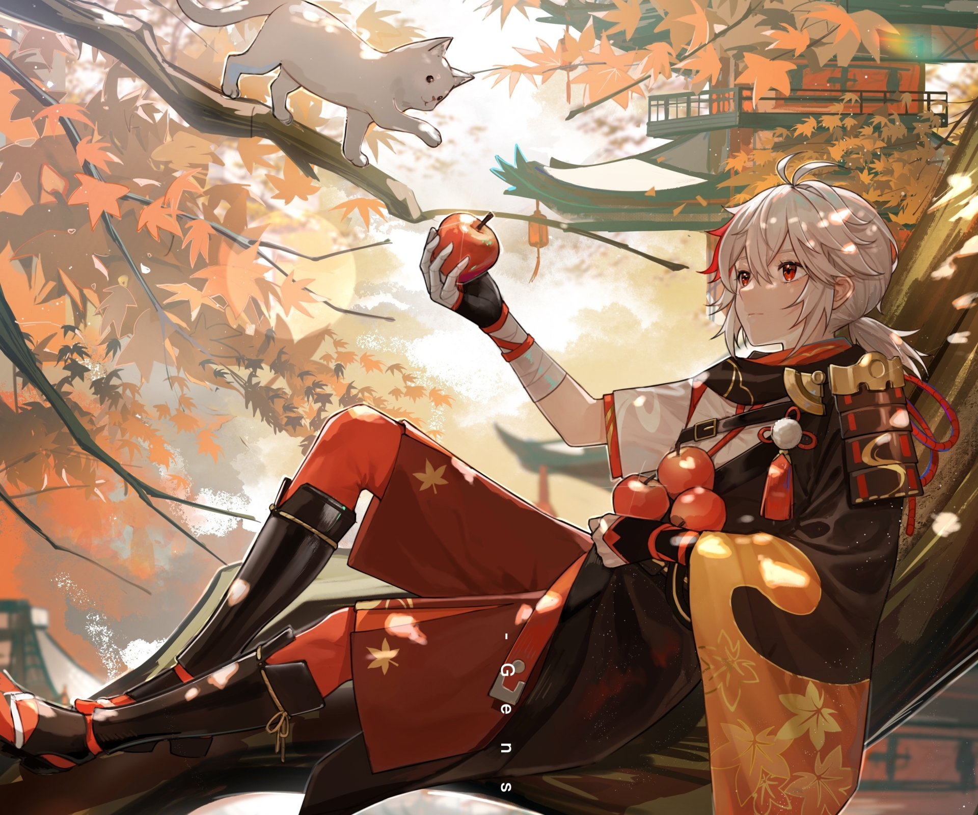 HD PC desktop wallpaper featuring Kaedehara Kazuha from the video game Genshin Impact, set against a serene autumn backdrop with orange and yellow foliage.