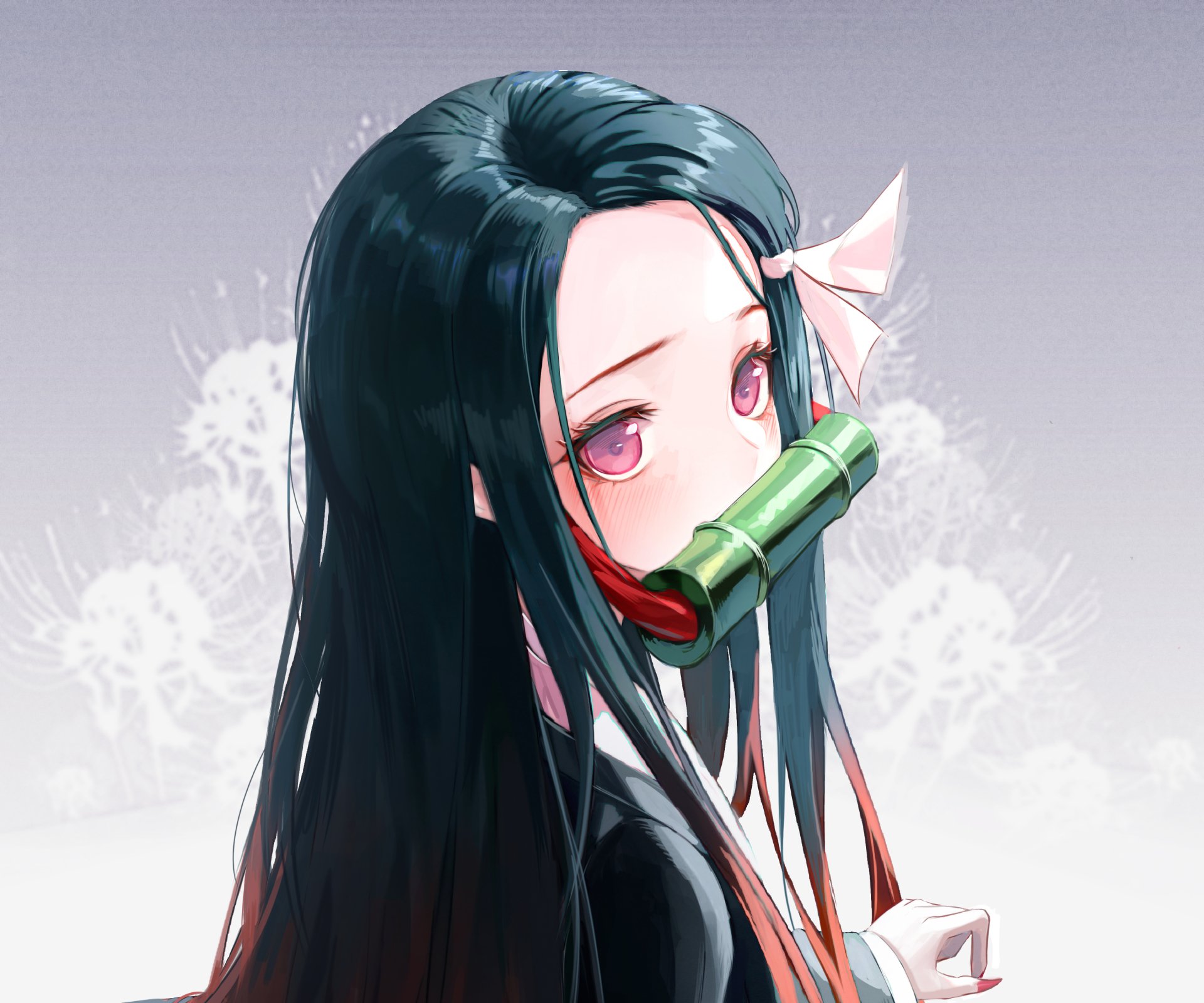 An HD wallpaper featuring Nezuko Kamado from the anime Demon Slayer: Kimetsu no Yaiba, showcasing her iconic look with vibrant pink eyes and a bamboo muzzle against a soft background.