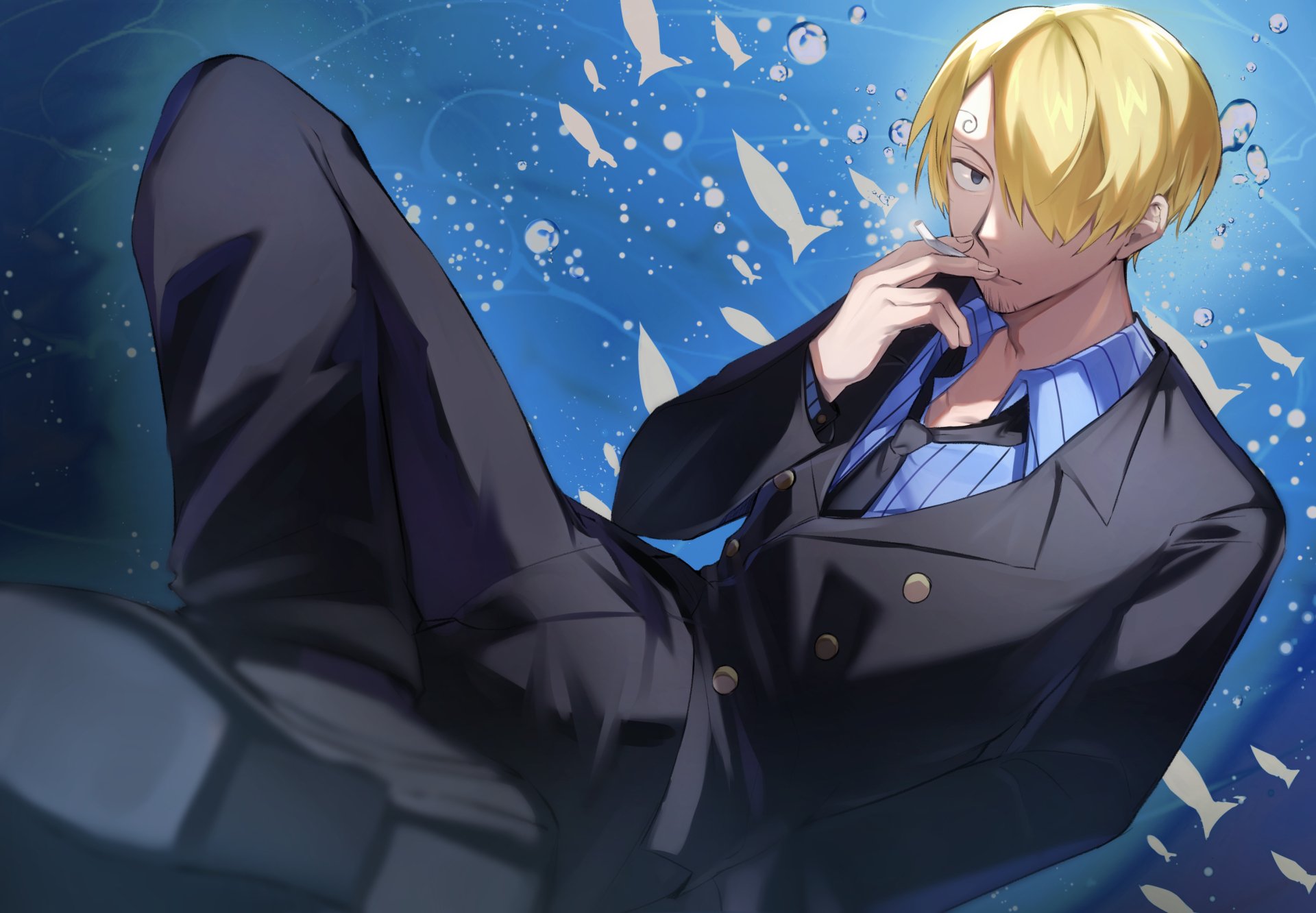 Sanji (One Piece) in a tailored suit, reclining against a blue, spark-filled background — Anime One Piece 2K Quad HD PC desktop wallpaper.