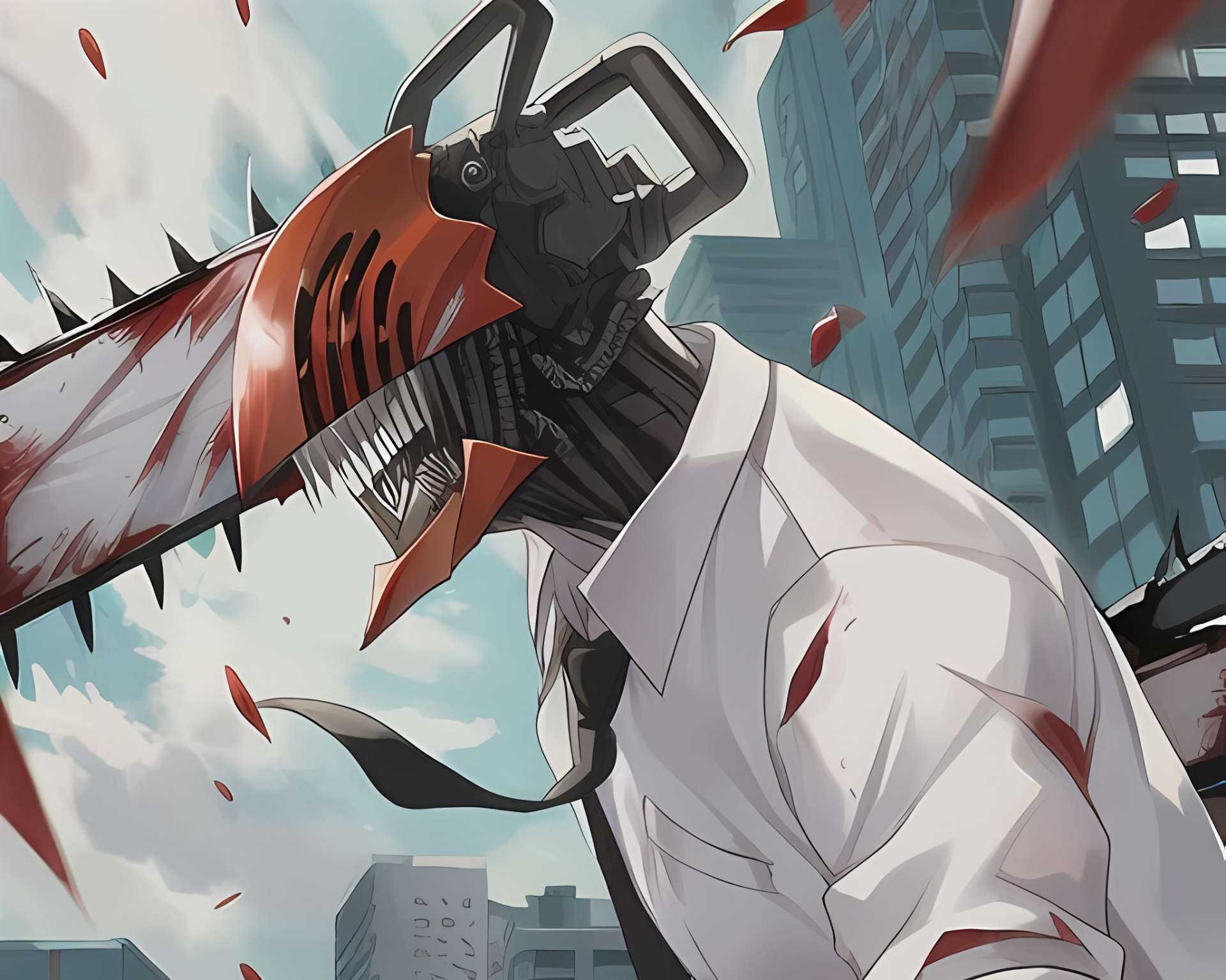 HD anime desktop wallpaper featuring Denji from Chainsaw Man with his chainsaw head, set against a cityscape backdrop.
