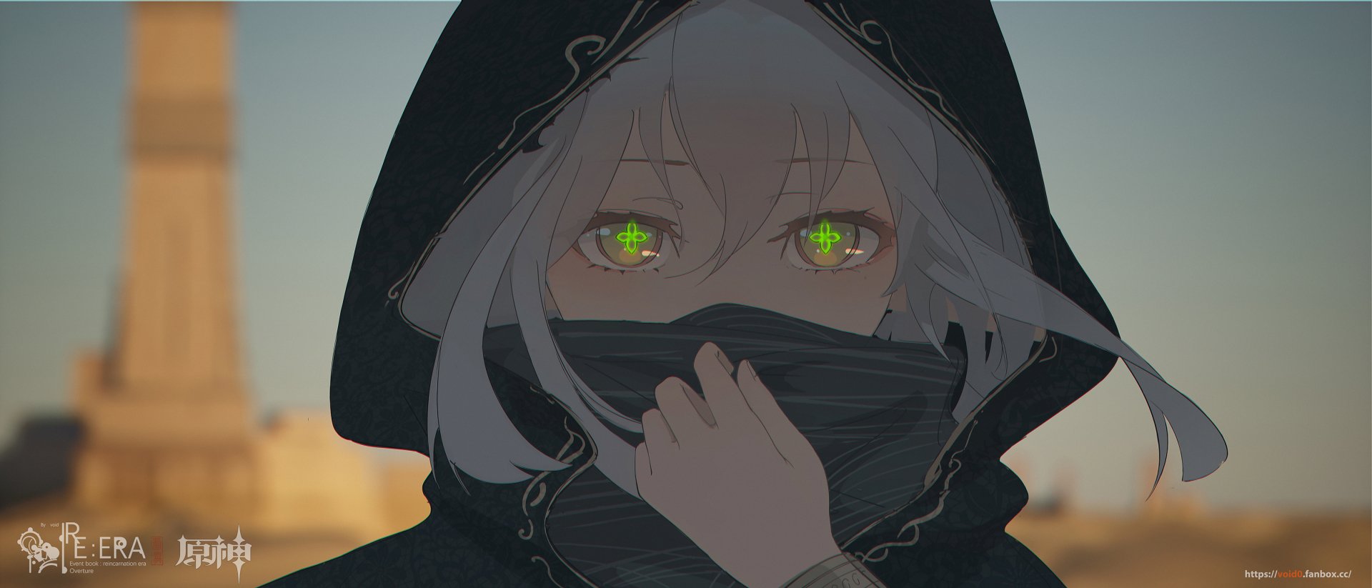 HD PC wallpaper featuring Nahida from the video game Genshin Impact, showcasing her with glowing eyes and a dark hooded cloak background.