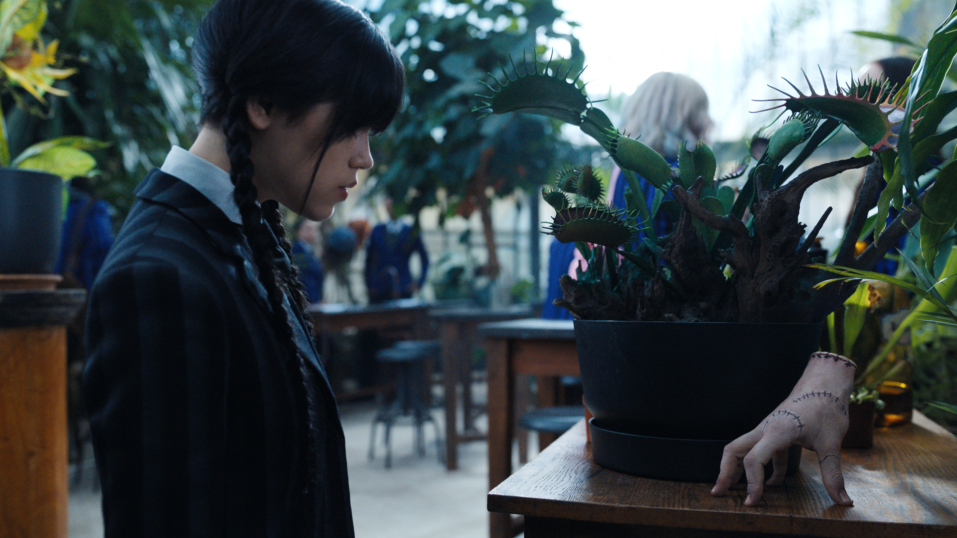 Jenna Ortega as Wednesday Addams from the TV show Wednesday, standing near a table with a potted plant and Thing’s hand reaching out, captured in HD desktop wallpaper quality.