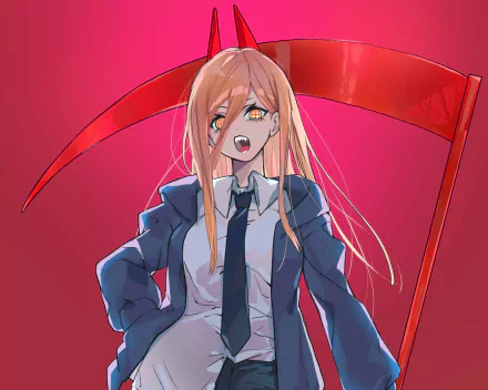 HD PC desktop wallpaper of Power (Chainsaw Man): anime-style portrait with long pink hair, fanged grin, school uniform and a red scythe against a vivid crimson background.