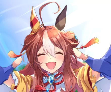 Copano Rickey from Uma Musume: Pretty Derby, laughing with horse ears and a colorful outfit in a bright 2K Quad HD PC desktop wallpaper.