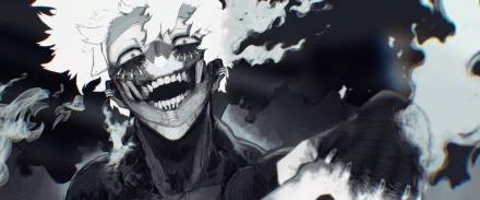 HD PC desktop wallpaper featuring Tomura Shigaraki from the anime My Hero Academia, showcasing his eerie grin and dark, smoky background.