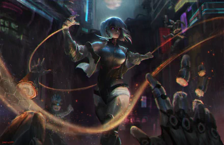 Lucy (Cyberpunk: Edgerunners) anime HD PC desktop wallpaper/background: Lucy hovers in neon rain, swinging a cable whip above a cyberpunk street as a robotic hand reaches up.