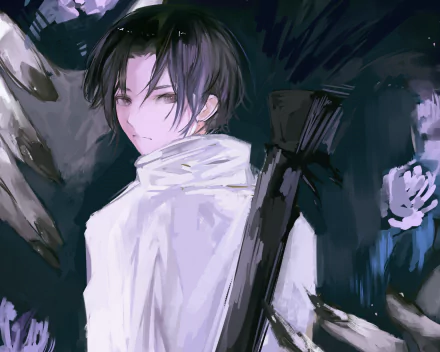 Yuta Okkotsu (Jujutsu Kaisen 0) anime portrait: white-clad Yuta glances back amid dark, painterly blues with a sheathed sword — 4K Ultra HD PC desktop wallpaper.