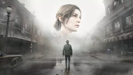 4K Ultra HD wallpaper featuring a foggy, deserted street from the horror video game Silent Hill 2, with a lone figure and a large, ethereal female face in the mist.
