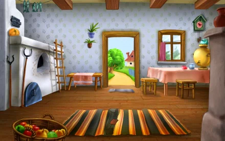 HD PC desktop wallpaper of an artistic cartoon room with wooden beams, a cozy fireplace, simple furniture, colorful rug, and a bright view through the open door and window.