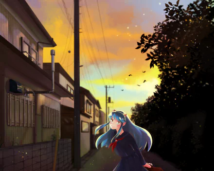 Lum (Urusei Yatsura) anime HD PC wallpaper: Lum with blue hair in a sunset-lit residential street, birds and silhouetted trees — Urusei Yatsura (2022) background